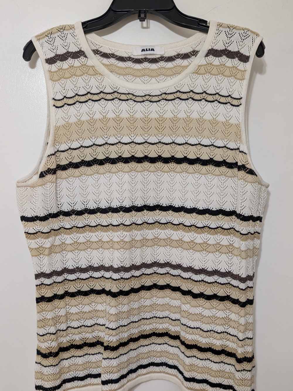 Alia Cream, Beige & Black Striped Open-Knit Tank